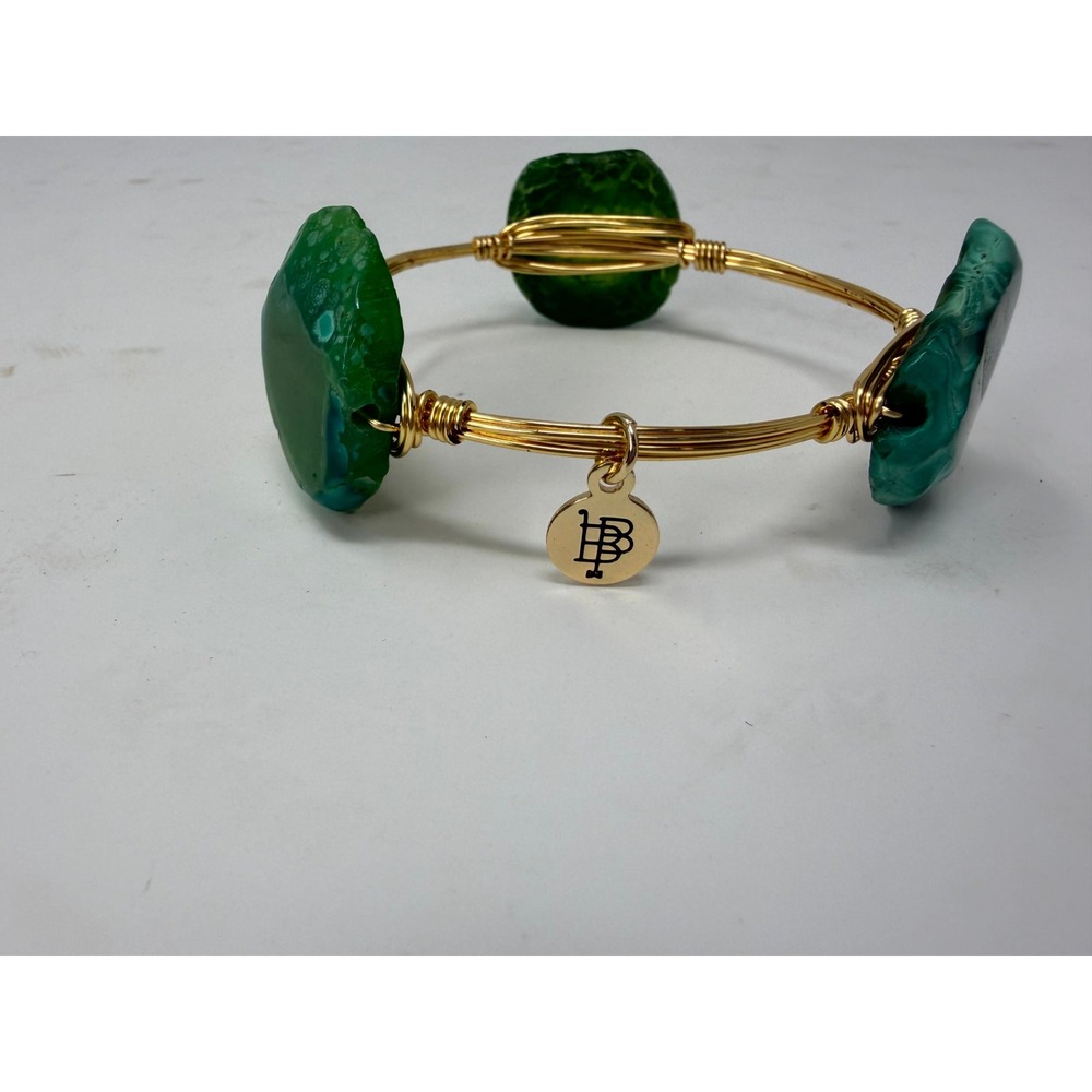 Bourbon & Boweties Green Agate Gold Wire Wrapped Bangle Bracelet Stone Trio - Picture 6 of 6